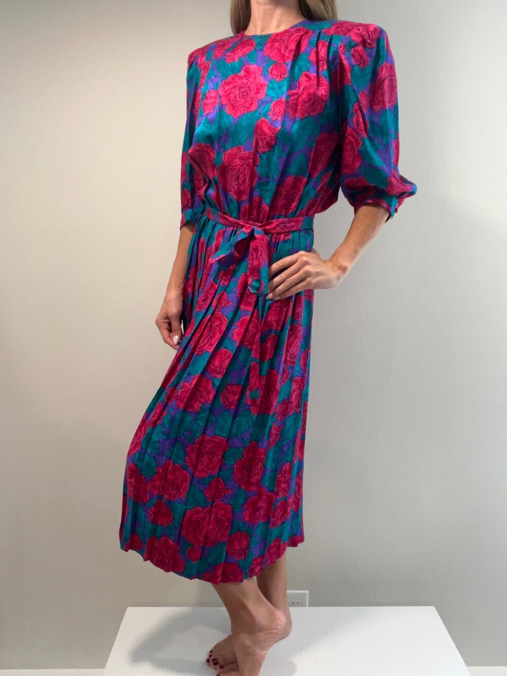 Vintage Adrianna Papell Silk 1/2 Sleeve Midi Dress Pink Teal Floral Belt Sz 8 JL